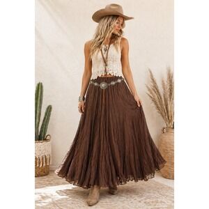 Casual Studio Brown Cotton Broomstick Maxi Skirt XL Vintage 90s Western Long